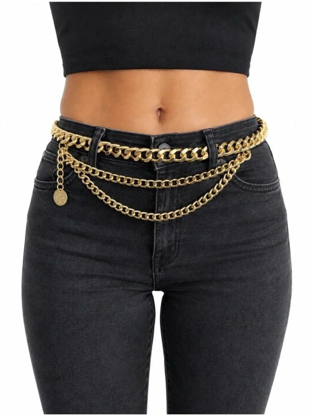 Belt Long Rope Link Chain Shiny Goldtone Adjustable 3 Layer Women's Y2K 33